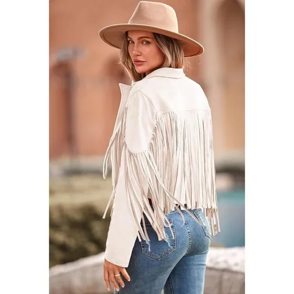 Women's : Beige Fringe Faux Suede Leather Tassel Motorcycle Cropped Jackets - Picture 2 of 9